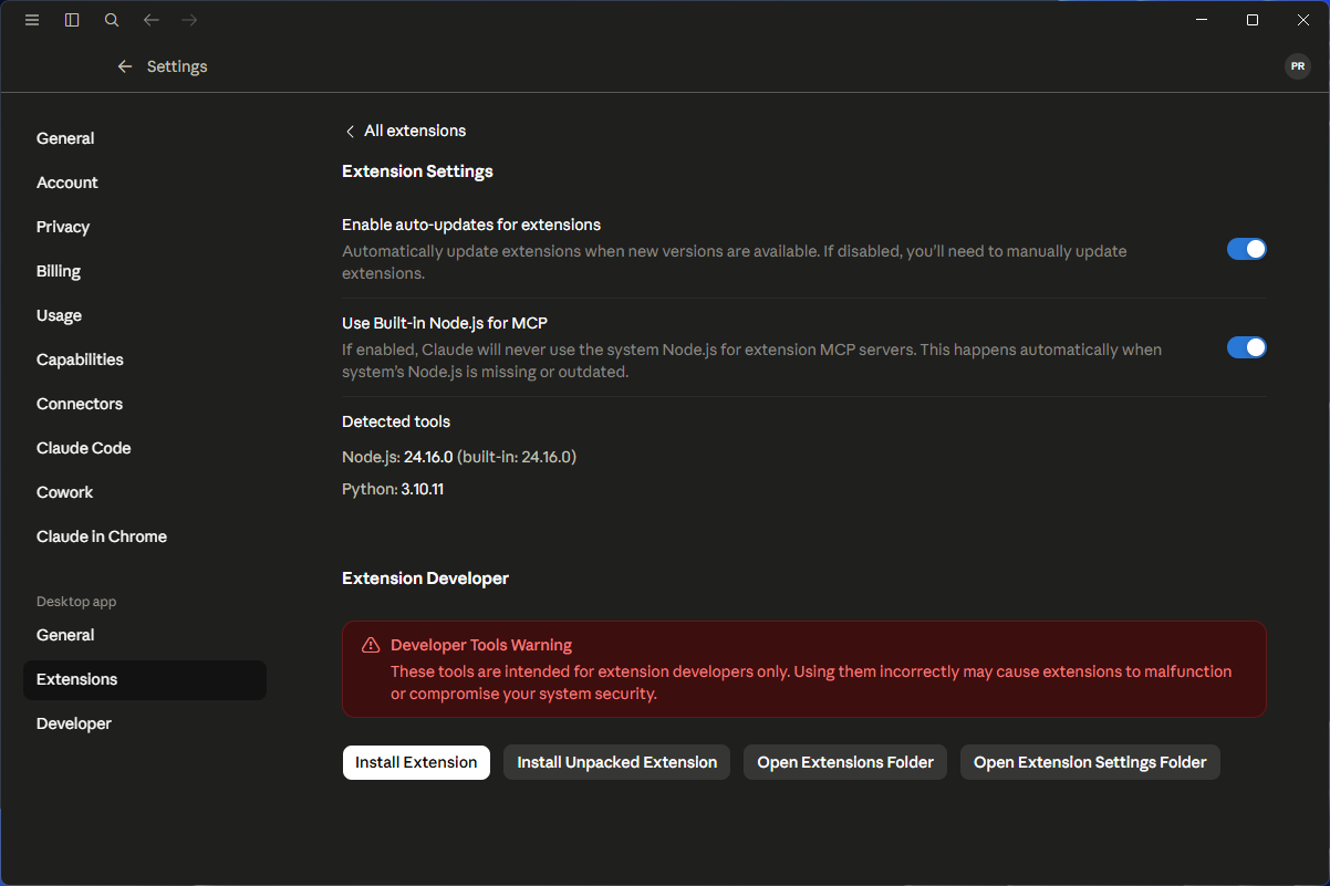 Claude Desktop Extension Settings with the Install Extension button