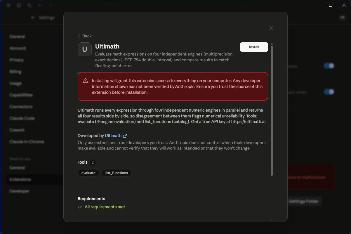 The Ultimath extension panel with an Install button