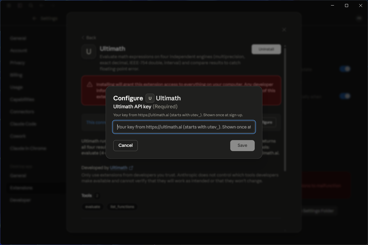 Configure dialog with the Ultimath API key field